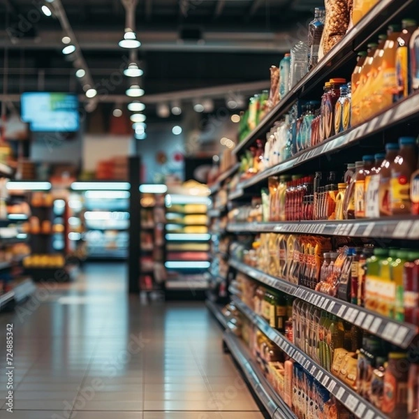Fototapeta Abstract blurred supermarket aisle with colorful shelves