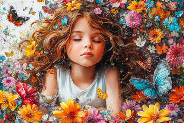 Fototapeta Digital painting of a girl surrounded by flowers and butterflies generative ai
