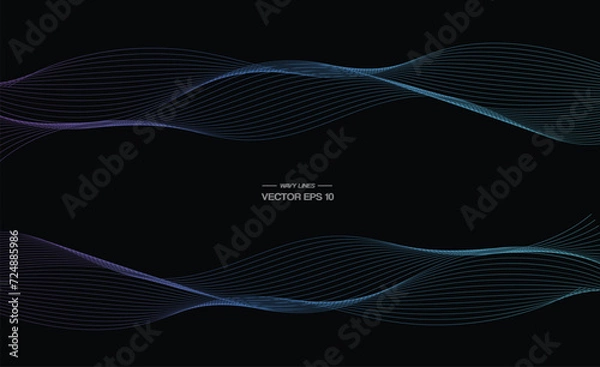 Fototapeta Vector wavy lines pattern smooth curve flowing dynamic blue purple pink gradient light isolated on black background for concept of technology, digital, communication, science, music.