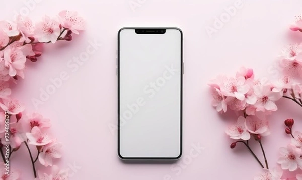 Fototapeta mock up screen top view on spring flowers floral feminine background.