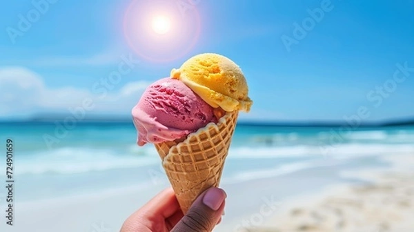 Fototapeta Delicious raspberry ice cream with mango in a crispy waffle cone in a woman's hand on the beach and azure sea in the hot summer