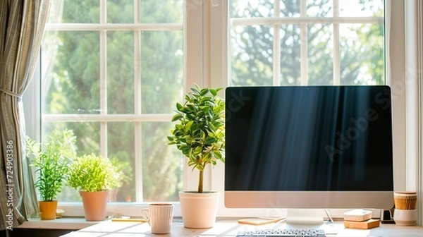 Fototapeta Modern Workspace: Desktop Computer on Desk by Window