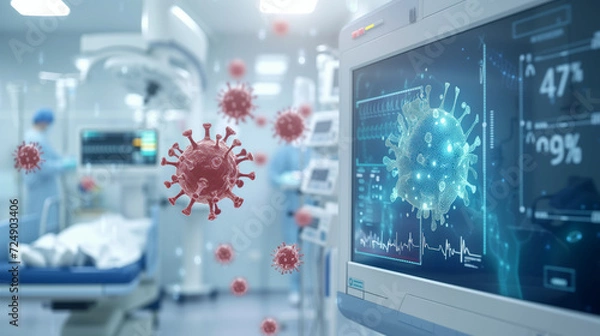 Fototapeta Advanced monitoring system in an ICU displays vital statistics and virus model, enhancing patient care during the COVID-19 pandemic