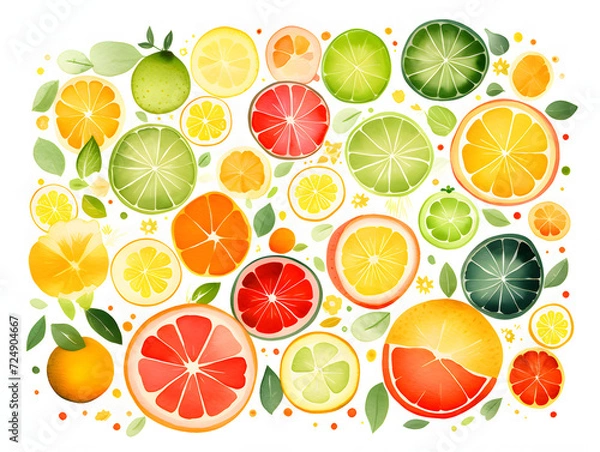 Obraz An illustration of many different fruits of citrus