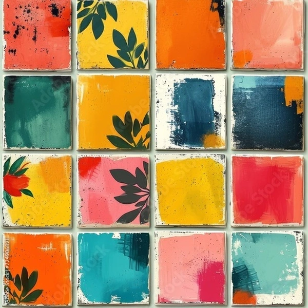 Fototapeta Set of abstract tiles with fruit and vegetables, AI generated