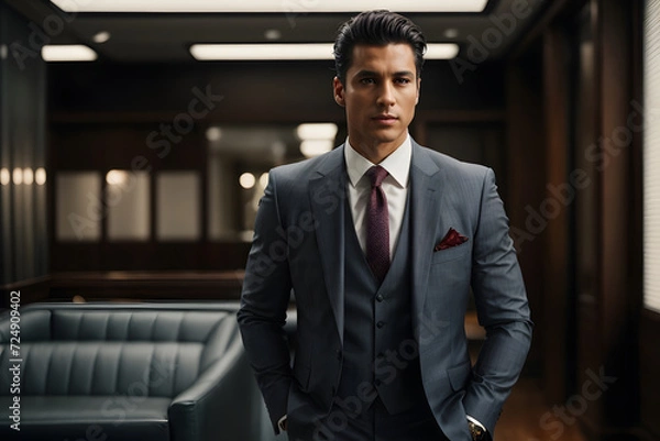 Fototapeta Handsome hispanic senior business man with crossed arms smiling at camera. Indian or latin confident mature good looking middle age leader male businessman on blur office background with copy space.
