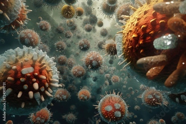 Fototapeta A fascinating photo capturing a group of sea urchins gracefully floating in the beautiful, clear water, Unveil the intricate world of viruses through AI-generated imagery, AI Generated