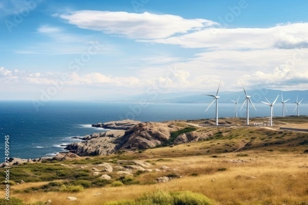 Fototapeta A group of windmills generating renewable energy on a scenic hill overlooking the ocean, View from Cape Kaliakra to an offshore wind farm in Bulgaria, AI Generated