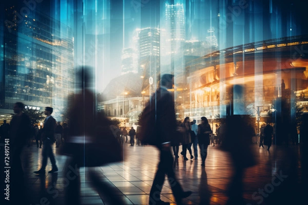 Fototapeta Natural bokeh of city centre view, blurred out of focus background. Abstract beautiful backdrop for text or advertising. Unfocused buildings and people