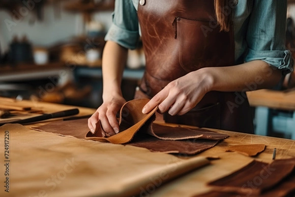 Fototapeta Cropped hands of a female leathercraft artisan working with genuine leather, skillfully processing and crafting cuts of leather.