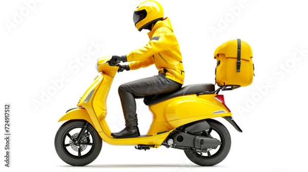 Obraz Man courier riding yellow scooter with parcel box fast delivery, restaurant food and post packages delivery service, side view, isolated on the white background.