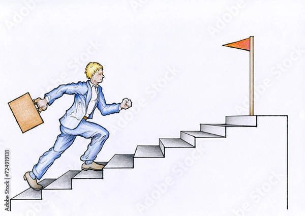 Obraz Drawn Man Running Up Steps Towards A Flagstick