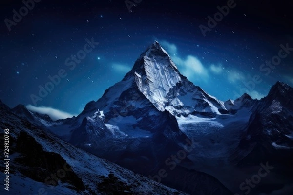 Fototapeta This breathtaking photo captures the serene beauty of a snow-covered mountain beneath a sparkling night sky, The peak of Mount Everest against a starry night sky, AI Generated