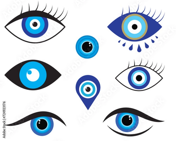 Fototapeta Eyes set. Evil eyes collection. Set of Turkish or Greek eye symbols, icon. Blue evil eye illustration. Set of Eye vector design. Vector illustration.