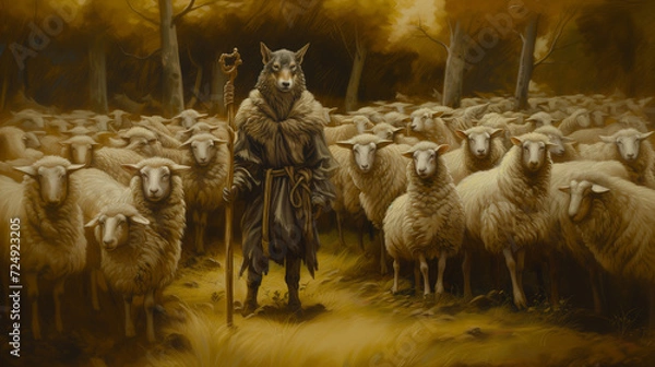 Fototapeta wolf in sheep's clothing shepherd's staff among a flock of sheep in a pasture