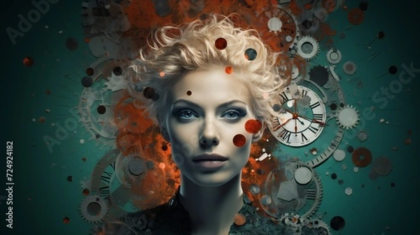 Fototapeta A woman's face overlaid with fragmented clock gears, symbolizing the mental health challenges