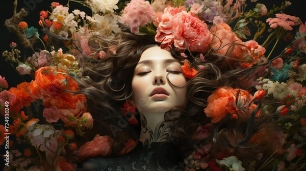 Fototapeta A woman's head cradling a blooming garden, symbolizing the nurturing of positive thoughts in mental health
