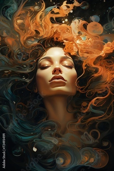 Fototapeta A woman's face surrounded by swirling cosmic energy, representing the interconnectedness of her mental and spiritual well-being