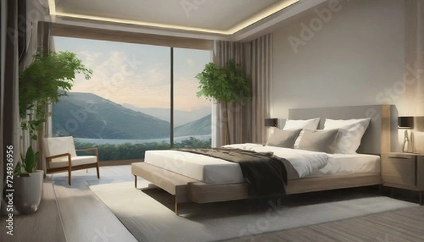 Fototapeta Serenity in Pixels: 3D Rendering of a Modern Bedroom Interior and Decor"