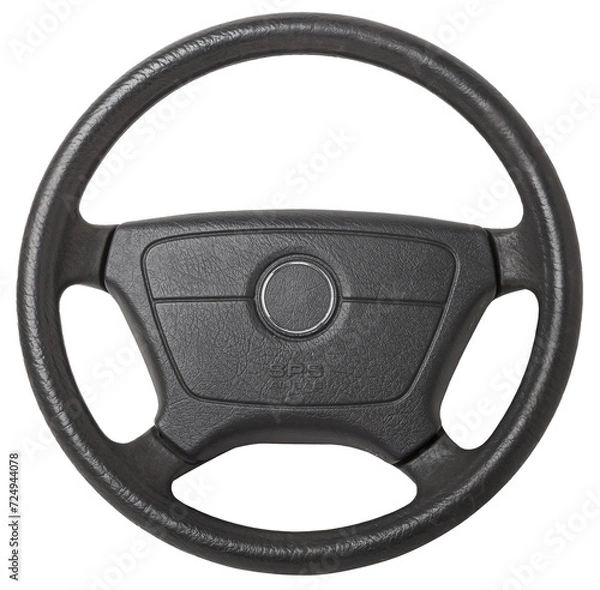 Fototapeta Steering wheel for car and truck isolated on white background. Automobile vehicle part or equipment. Round modern style consist of black leather and aluminum. For driver to driving control and tuning.