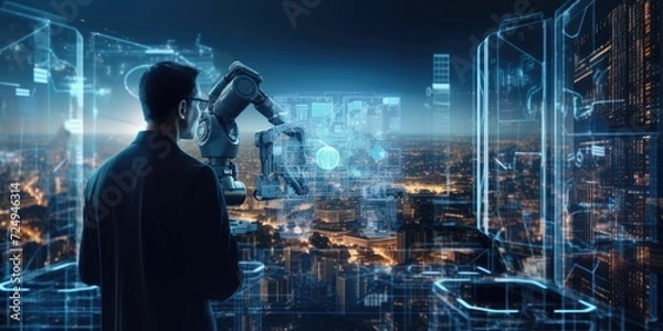 Fototapeta futuristic industry 4.0 technology concept, engineer hold tablet and using augmented reality, digital twin, digital transformation, artificial intelligence, machine learning 5g to control ai robot 
