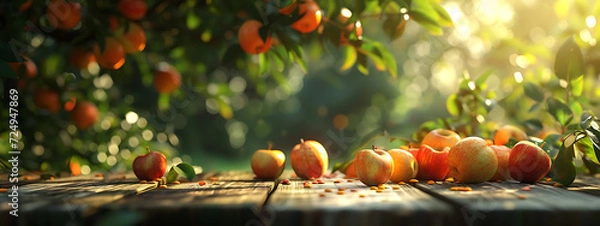 Fototapeta some fruit in a table in the garden with sunlight in 