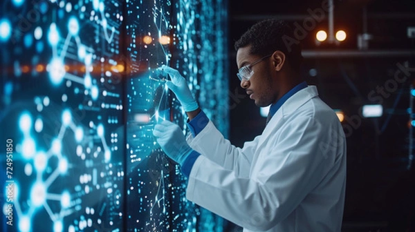 Fototapeta Revolutionizing healthcare through medical tech: Doctors and technicians leverage AI for data analysis, intertwining lab experiments with pioneering data science in medical research.
