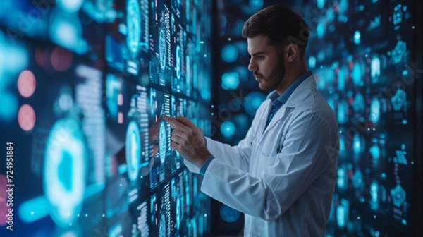 Fototapeta Revolutionizing healthcare through medical tech: Doctors and technicians leverage AI for data analysis, intertwining lab experiments with pioneering data science in medical research.