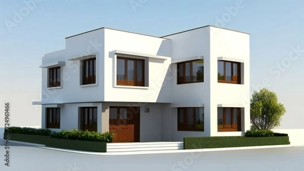 Fototapeta 3d house model rendering on white background, Clean and precise 3D illustration modern cozy house. Concept for real estate or property.