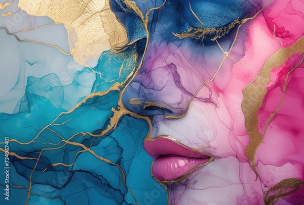 Obraz Beautiful abstract background.Women's face. Fluid art. Liquid marble. Contemporary art. Alcohol ink. Generative AI