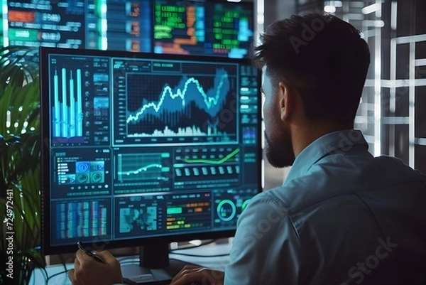 Fototapeta businessman at work in front of screen with financial data charts on it, in the style of futuristic organic