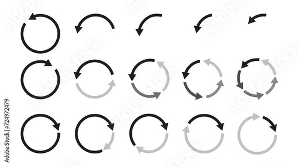 Fototapeta Different circular arrows collection of black color. PNG. Rotate arrow and spinning loading symbol. Circular rotation loading elements, redo process