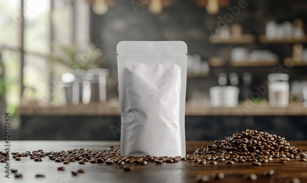 Fototapeta Packaging of coffee on a wooden table with coffee, ground beans on a blurred background. Coffee packaging mockup with empty space for design.