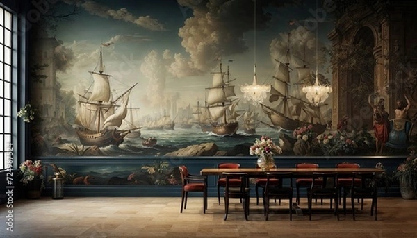 Fototapeta A dining room with a big table and 9 chairs and a mural painted in the style of detailed ship sails. Dutch Golden Age, photorealistic renderings, military and naval scenes, and spectacular backdrops.
