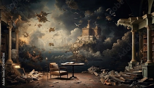 Fototapeta A Room in a state of disarray, with books scattered on the floor. A small table with a single open book. Walls adorned with classical paintings adds a classical aesthetic.
