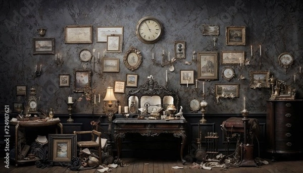 Fototapeta The interior scene appears to be a room designed to look like a vintage or antique setting. The walls are adorned with a variety of framed pictures and mirrors, creating a gallery-like effect.
