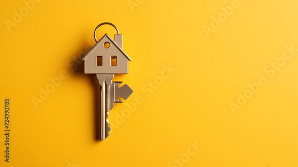 Fototapeta Key in a house shape in the keyhole of the door. Buy a new house concept. Real estate market. Text space and soft yellow background.