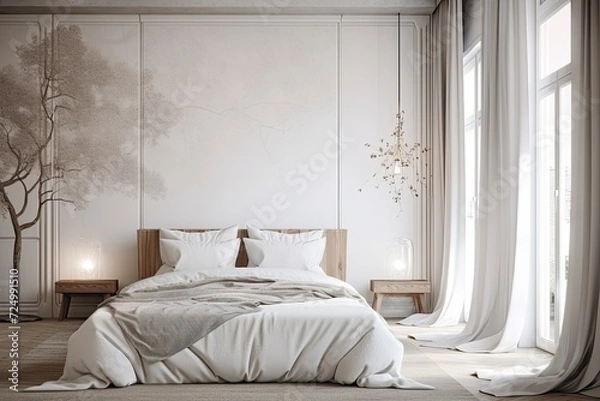 Fototapeta opulent bedroom interior with curtains, a double bed, two nightstands, a poster above the bed, and a potted tree. a mockup