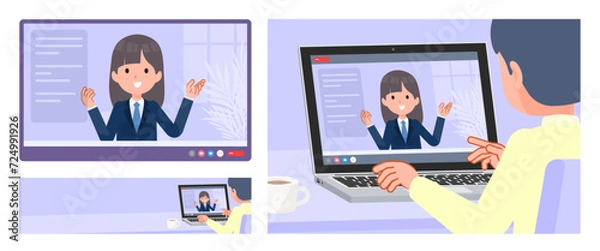 Fototapeta ビデオチャットをしている紺ブレザー女子学生のセット