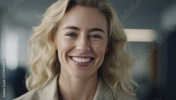 Fototapeta A radiant lady, with a bright smile and flawless skin, exudes confidence as she poses for a portrait, showcasing her layered blond hair and perfectly applied lipstick against a neutral indoor backdro