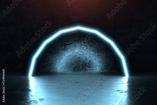 Fototapeta 3d rendering of blue lighten half circle shape and grunge wall background