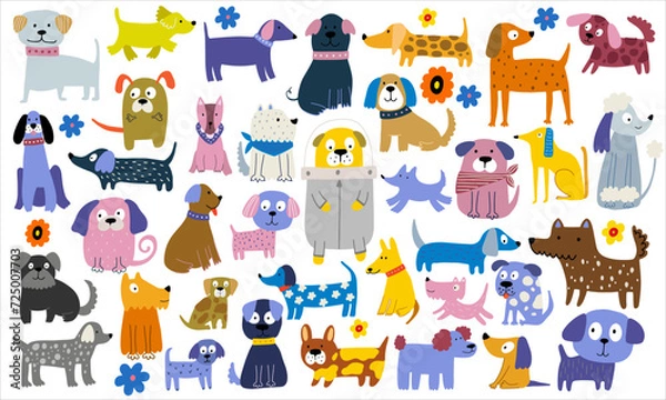 Fototapeta Funny dog, colorful flat illustration. Cute doggy collection, diverse domestic dogs.