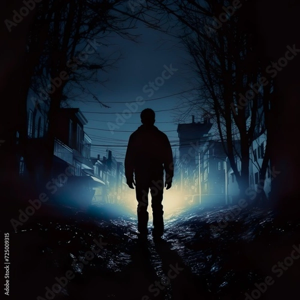 Fototapeta Silhouette of a young men walking home alone at night , scared of stalker and being assault , insecurity concept