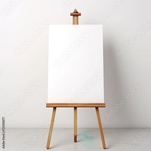 Fototapeta wooden easel with blank canvas against white wall