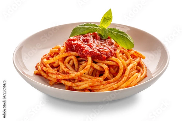 Obraz Bucatini pasta with tomato sauce and basil leaves in white plate isolated
