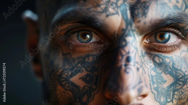 Fototapeta Closeup of the fully tattoed face of a man