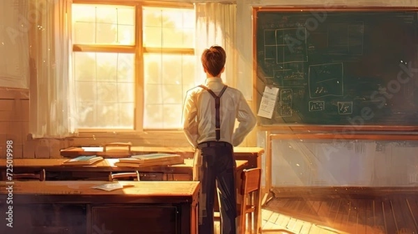 Fototapeta Back view of young male teacher standing in classroom with blackboard on background