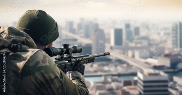Fototapeta Sniper in hidden vantage point over a battle-scarred city, a blend of solitude and strategy in warfare