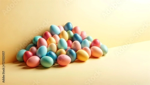 Obraz Pastel Easter Eggs with Copy Space, yellow background