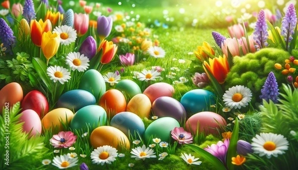 Obraz Easter Eggs on meadow with spring flowers